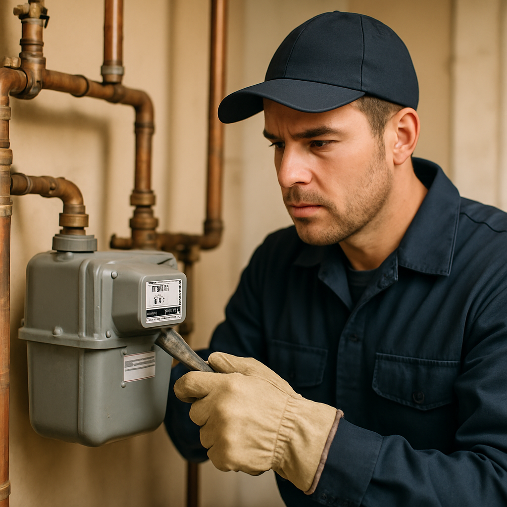 Técnico de gas certificado revisando un medidor de gas residencial